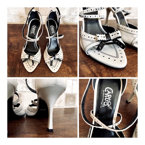 Carlos Santana Cream & Black Studded Open Toe Heel with Ankle Strap & Bow - Picture 10 of 10